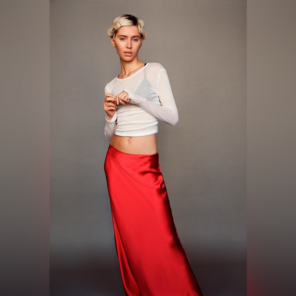 Zara NWT  Red Satin Maxi Skirt